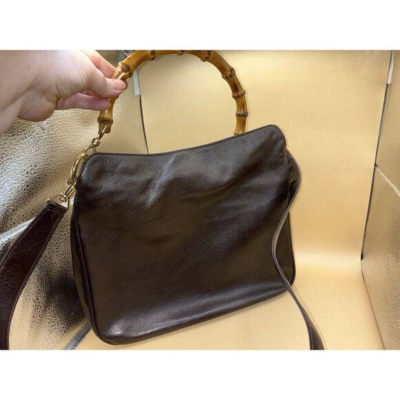 Gucci Handbags - Authentic GUCCI Vintage Brown Leather Large Bamboo Satchel 2way Detachable Strap
